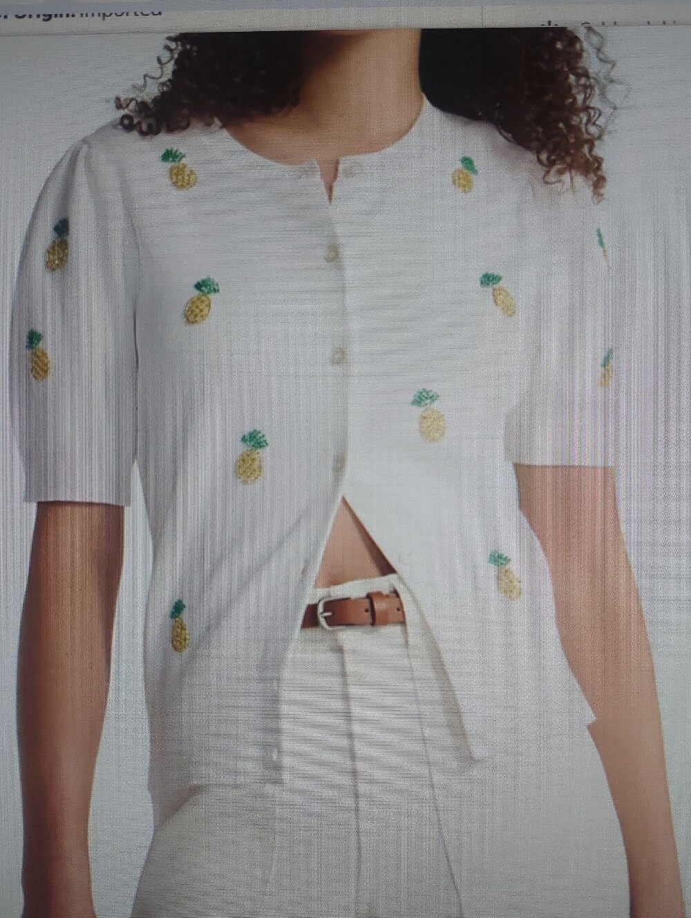White Pineapple-Embroidered Short Sleeve Button Cardigan